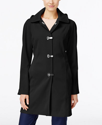 London Fog Petite Hooded Water-Resistant Clip-Front Raincoat