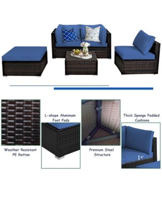 5PCS Rattan Patio Conversation Set Outdoor Furniture Set w/ Ottoman Navy Cushion