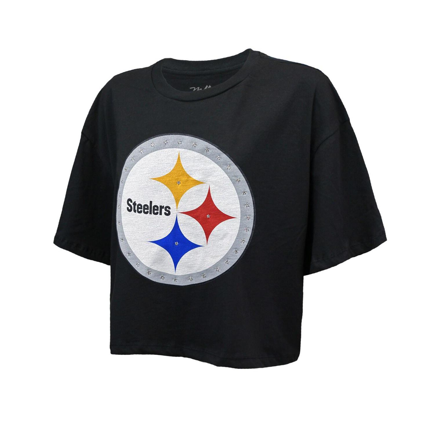 Women's T.J. Watt Black Pittsburgh Steelers Swarovski Crystals Boxy Cropped Name & Number T-Shirt