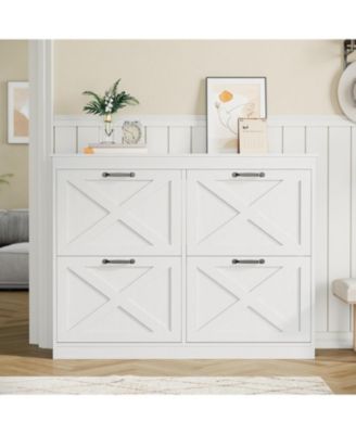 Farmhouse Shoe Cabinet with 4 Flip Drawers 41 inch Wide Entryway Shoe Storage Cabinet Narrow Freestanding Wooden Organizer Rack