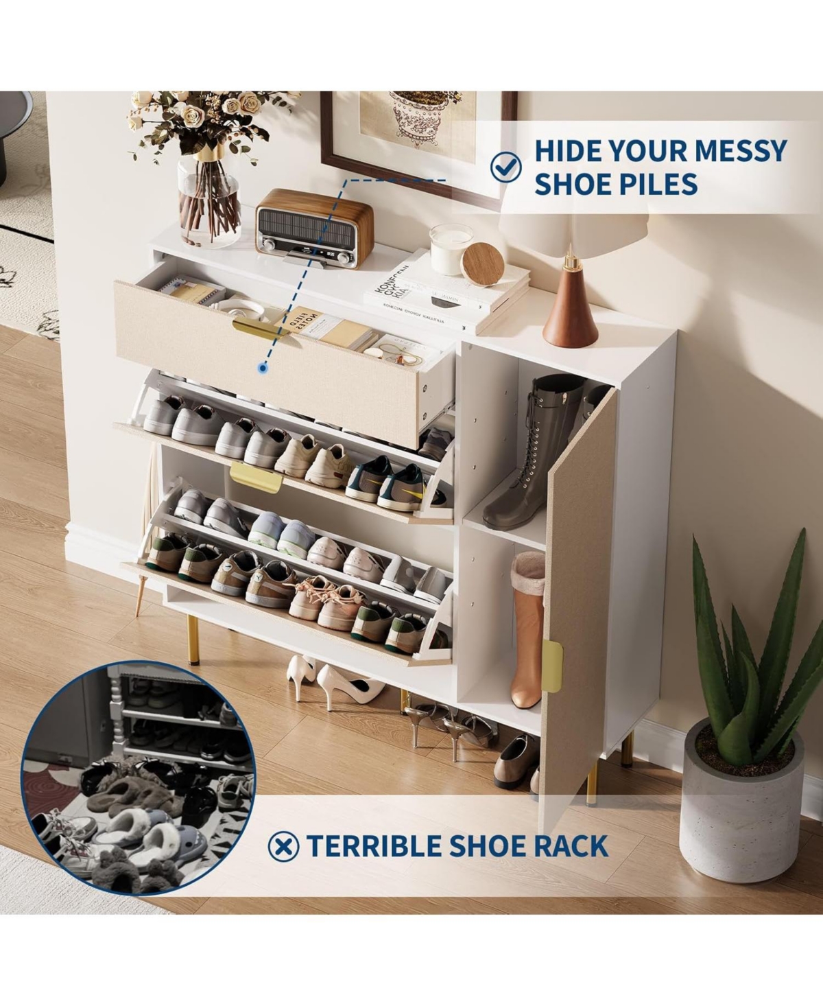 gaomon Shoe Storage Cabinet with with 2 Flip Drawers 1 Drawer 1 Side Cabinet Freestanding Narrow Rack with Metal Legs Farmhouse Slim Shoe Storage