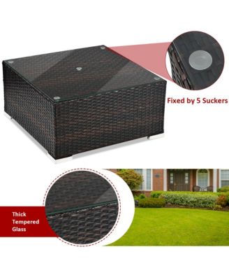 5PCS Cushioned Rattan Patio Conversation Set with Ottoman Red Cushion