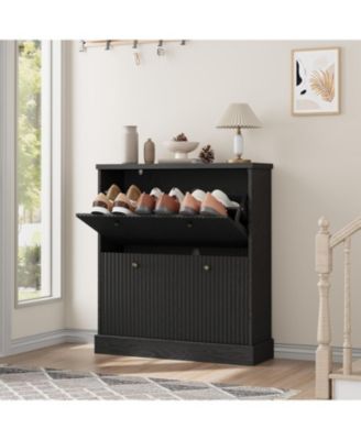 Fluted Shoe Cabinet with 2 Flip Drawers Narrow Cabinet with Adjustable Shelves