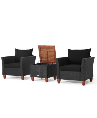 3PCS Patio Rattan Conversation Furniture Set Yard Outdoor w/ Black Cushions