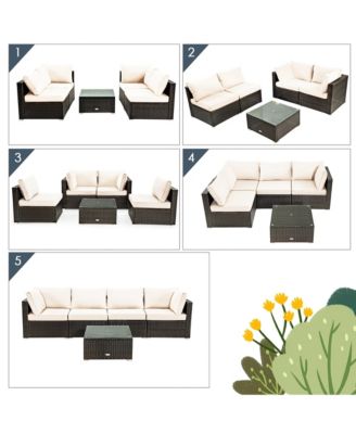 5PCS Rattan Patio Conversation Set Sofa Furniture Set w/ White Cushions