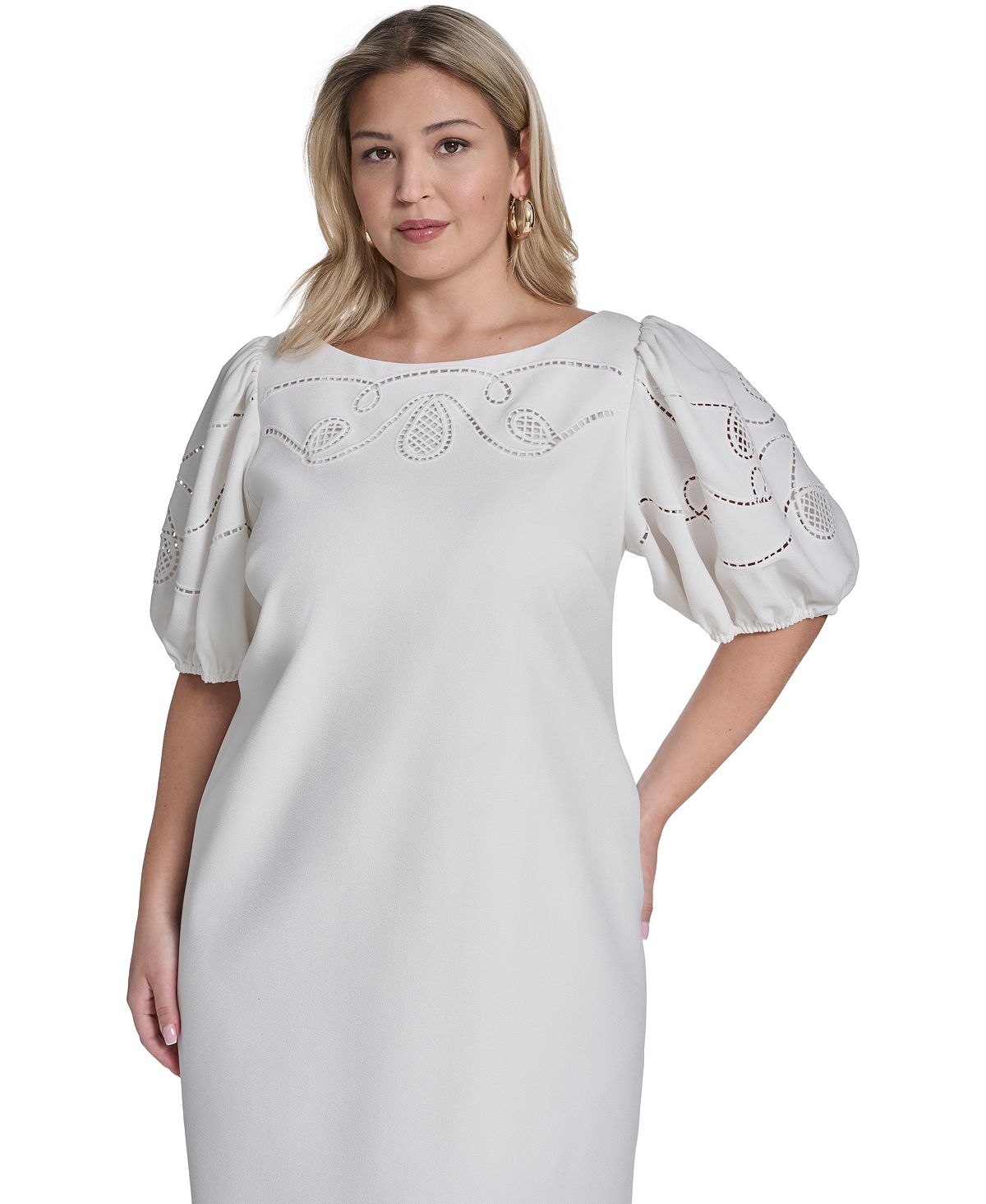Vince Camuto Plus Size Puff-Sleeve Boatneck Laser-Cut Dress view 2 — MAYCSS fashion products