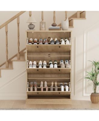Shoe Cabinet with 3 Flip Drawers Modern Fluted Cabinet with Adjustable Shelves Freestanding Wooden Shoe Organizer