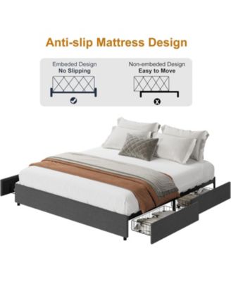 Platform Bed Frame, Fabric Upholstered with 4 Storage Drawers, No Box Spring Needed, Wooden Slats Support, Noise Free, Easy Assembly