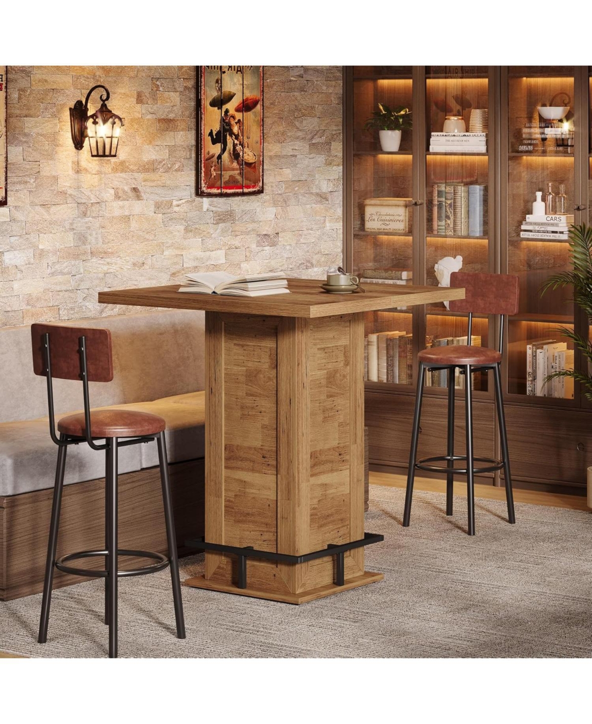 Tribesigns 39.4" H Square Bar Table, Industrial High Top Bistro Pub Cocktail Table with Metal Footrest for Kitchen Nook, Home Bar, Small Bars