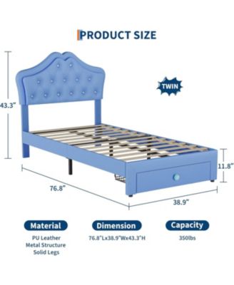 LED Twin Bed Frame for Kids with Beauty Crystal Button Headboard, Upholstered PU Leather Platform Princess Bed with Storage Drawer