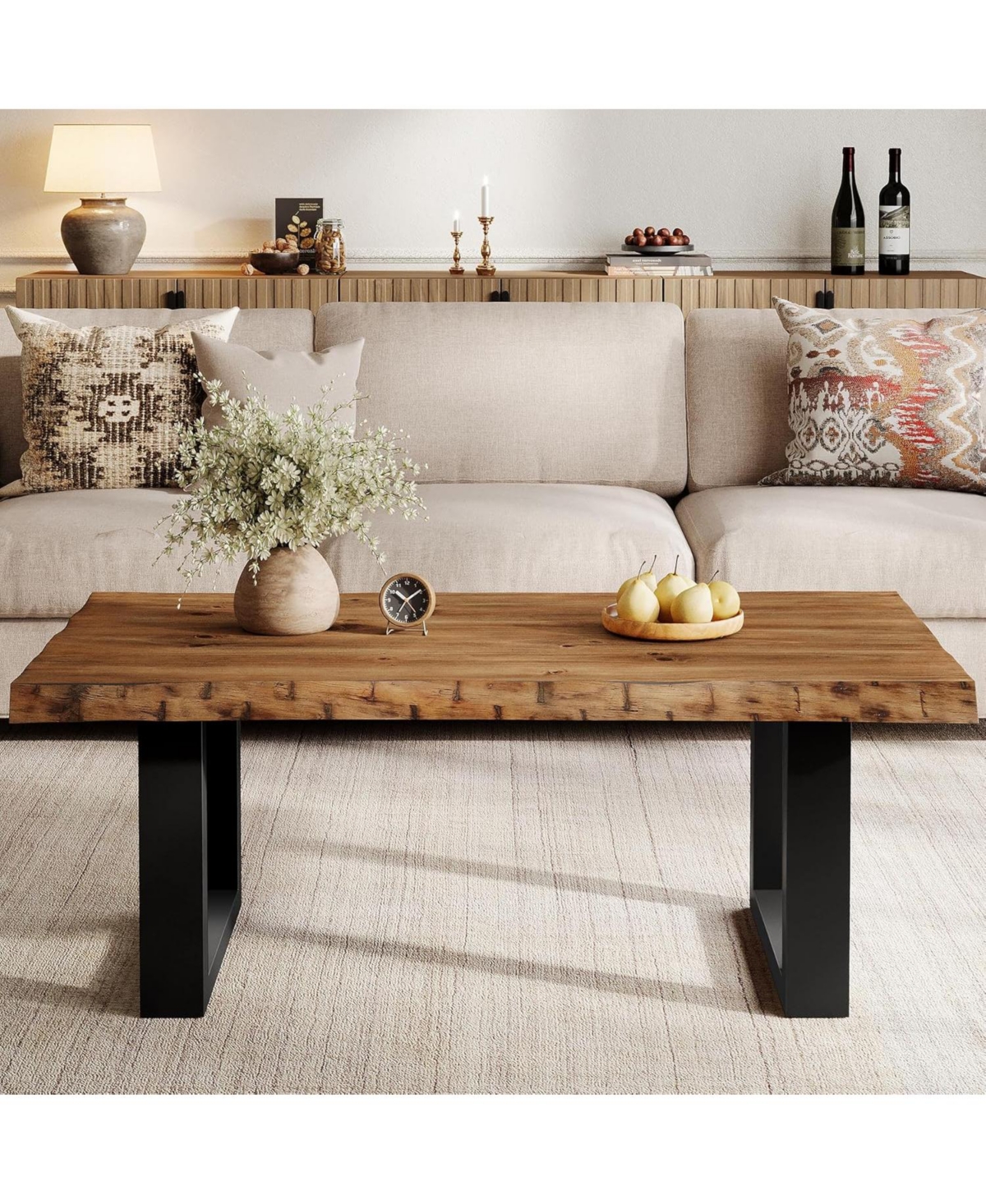 Tribesigns Solid Wood Coffee Table, Industrial Modern Coffee Table with Sturdy Metal Base, 47-Inch Large Accent Center