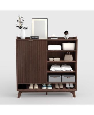 Space-Saving Fluted Shoe Cabinet for Entryway – Narrow Freestanding Wooden Shoe Organizer with Sliding Door 2 Turn Drawers