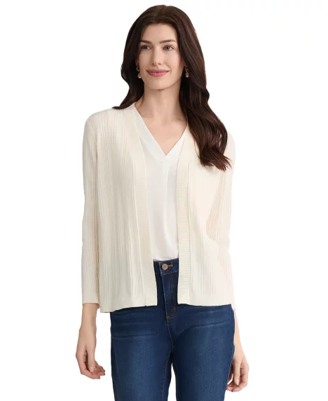 Petite Variegated Rib Kissing Front Long-Sleeve Cardigan - White Sand