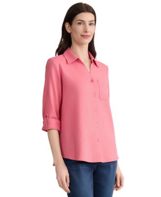 Petite Collared Neck Button-Front Tunic Top