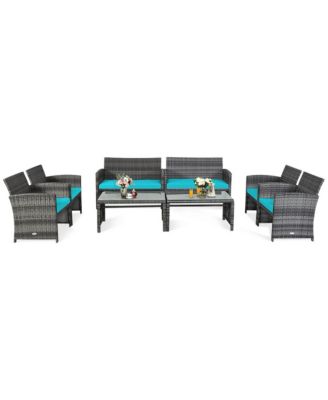 8PCS Patio Outdoor Rattan Conversation Furniture Set w/ Turquoise Cushion
