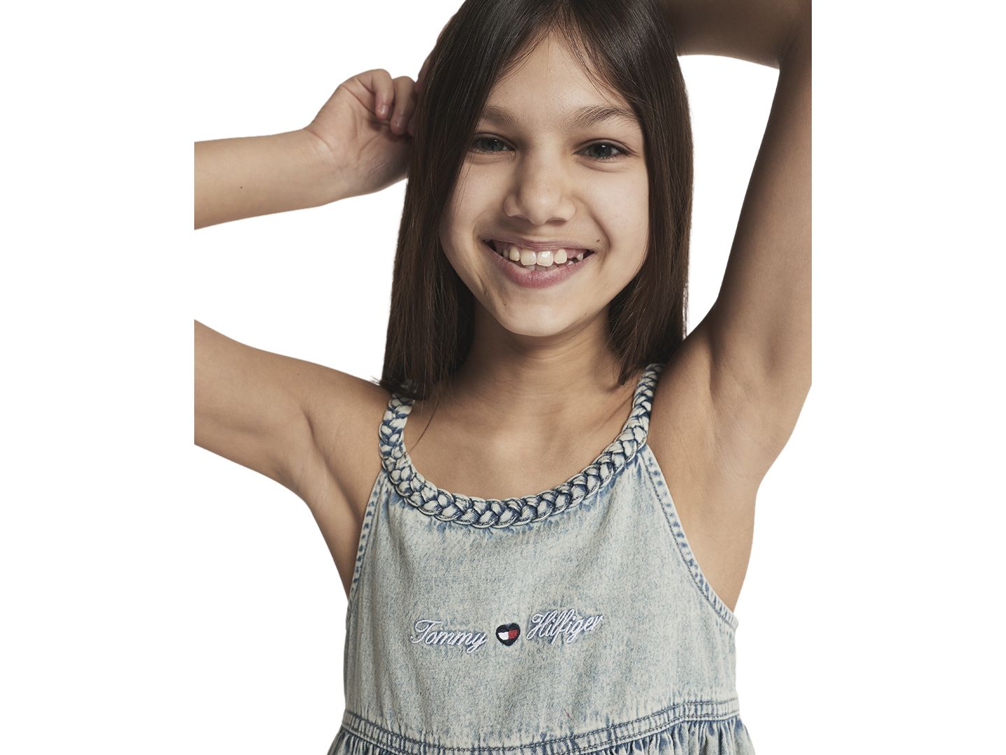 Платье Tommy Hilfiger Rope Trim Scoop Neck Denim Dress для девочек, цвет: Выбеленный варёный — фото 3