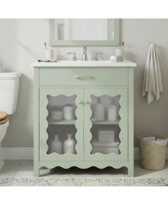 31"Bathroom Vanity with Sink, Tempered Glass Doors & Adjustable Storage for Small Bathrooms