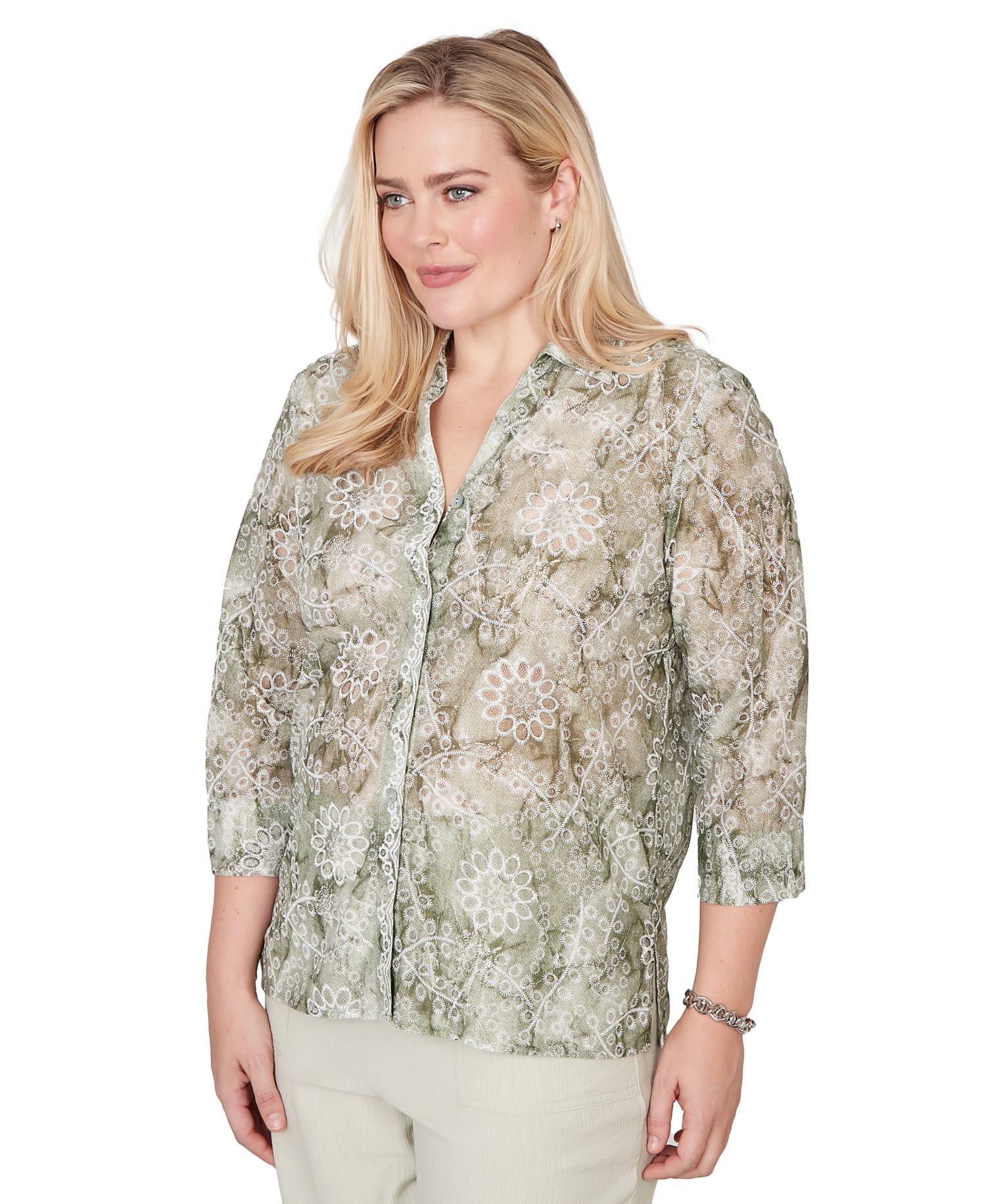 Petite Vintage-Inspired Charm Tie Dye Monotone Floral Button-Front Top