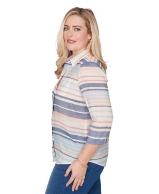 Petite Stripe Button-Front Collared Top