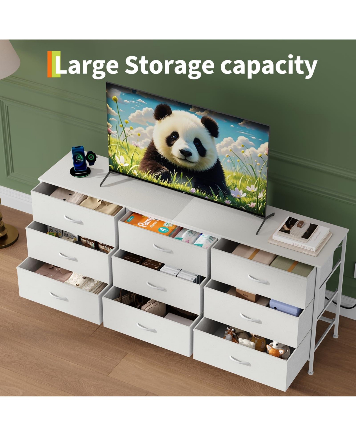 gaomon 63 Inch Dresser Tv Stand with 9 Fabric Drawers, Large Storage Chest