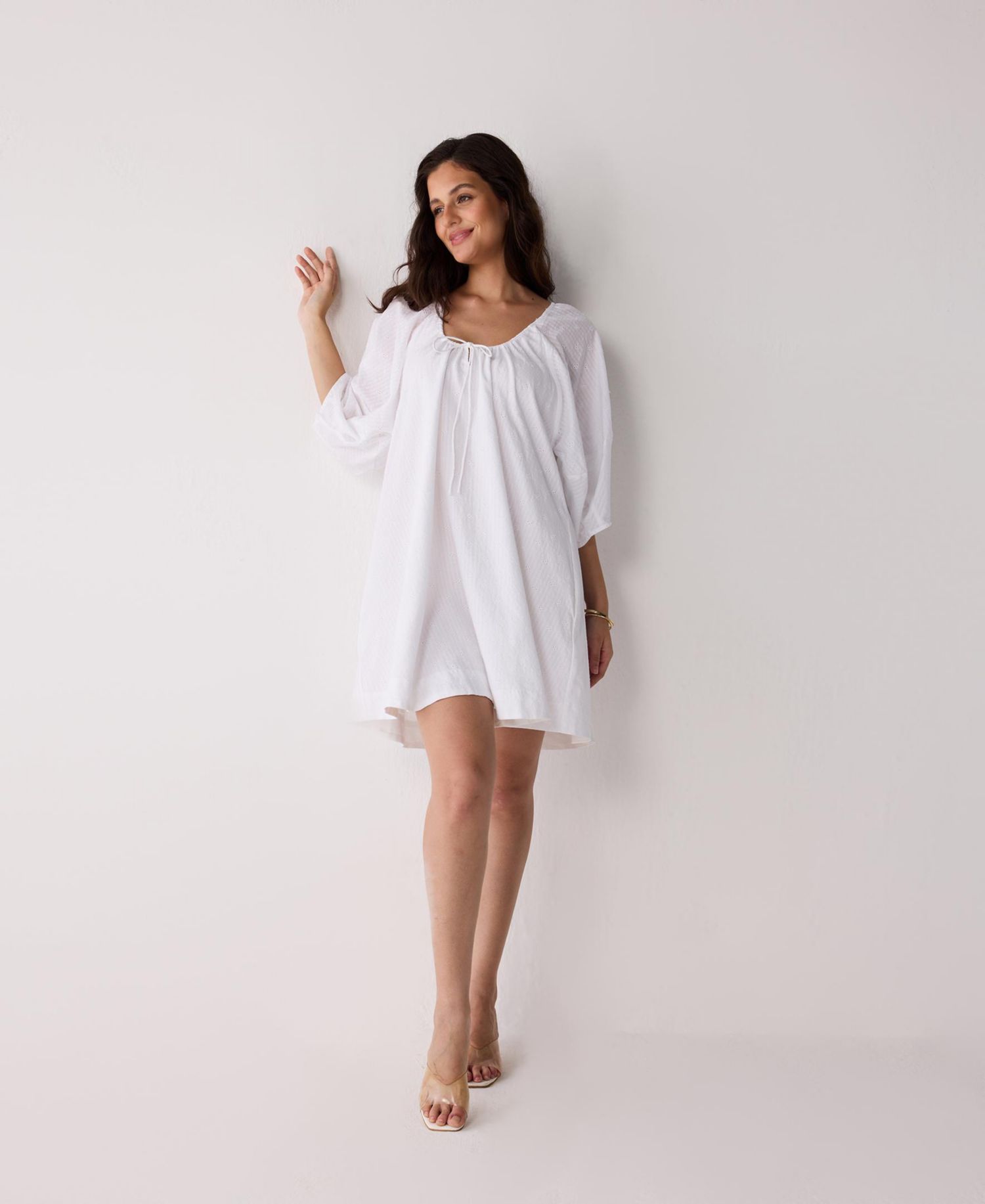 Women's Puff Sleeved Dress with Drawstring Neckline