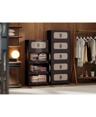 Retro Folding Storage Cabinet, 5 Tiers, Collapsible with Wheels