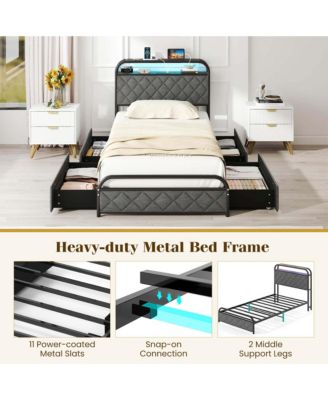 Twin Size Bed Frame with LED Lights & Charging Station Storage Headboard & Drawers