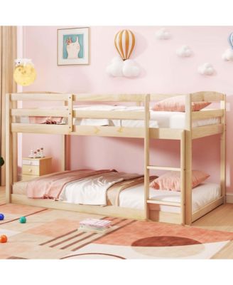 Twin over Twin Low Bunk Bed with Guardrails Integrated Ladder Kids Wooden