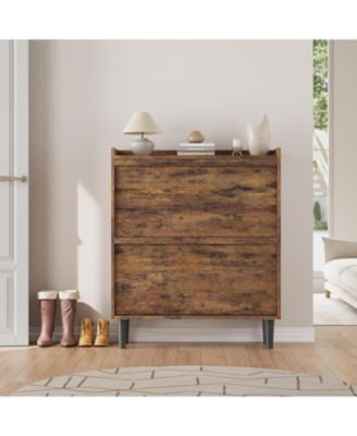 Shoe Cabinet with 2 Flip Drawers Narrow Cabinet with Adjustable and Removable Shelves Modern Wooden Shoe Organizer with Hidden Handle