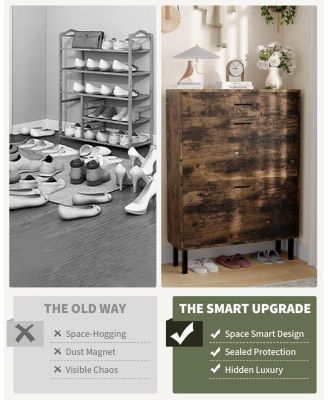 Space Saving Narrow Shoe Cabinet for Entryway,3 Turn Drawers Freestanding Wooden Shoe Organizer,Adjustable Shelves,Fits Slippers Sneakers Heels