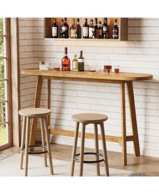 Solid Wood Bar Table with Footrest, 63" Oval Counter Height Table