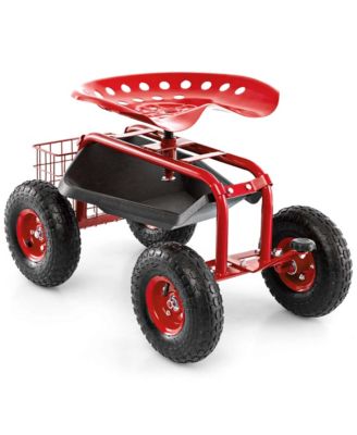 Garden Cart Patio Wagon Rolling Work Seat with Tool Tray Basket Planting