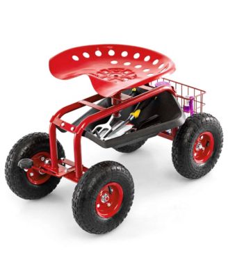 Garden Cart Patio Wagon Rolling Work Seat with Tool Tray Basket Planting