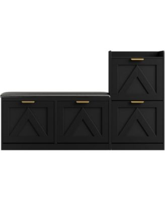 Farmhouse Shoe Cabinet with Bench 4 Flip Drawers Entryway Shoe Storage Organizer with Comfort Cushioned Seat Freestanding Shoe Rack