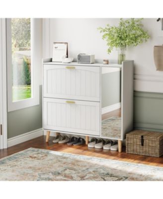 White Wooden Shoe Cabinet with Mirror 2 Flip Drawers and Side Storage Cabinet Freestanding Modern Shoe Storage with Adjustable shelves