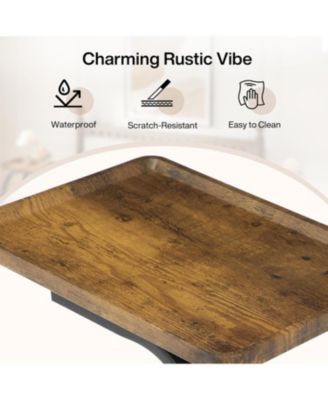 C-Shaped End Table, Industrial 2-Tier Small Side Table with Wheels, Wood Bedside Snack Couch Table with Metal Frame.