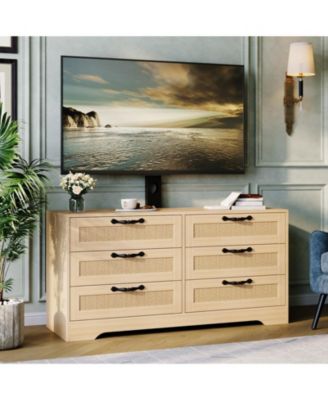TV Stand with Mount, 47.2" Modern Entertainment Center 6-Drawer Rattan Dresser
