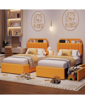 Boucle Upholstered Platform 2 Storage Drawers Bookcase Headboard Noise-Free Easy Assembly No Box Spring Children Bed