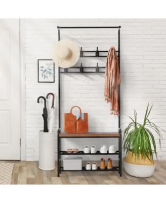 Hall Tree with Entryway Bench with Coat Rack Shoe Rack Bench, 3 in 1 Hall Tree with Bench and Shoe Storage, 3-Tier Storage Shelf and 8 Hooks