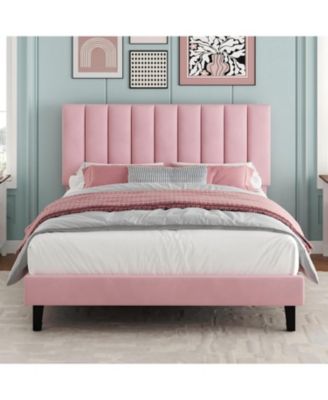 FULL Size Bed Frame, Velvet Upholstered Platform Bed with Adjustable Vertical Channel Tufted Headboard, No Box Spring Needed, Easy Assembly
