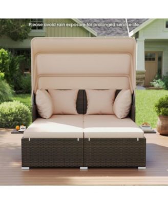 Outdoor Rattan Daybed with Canopy Shade and Side Table Storage