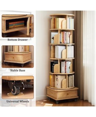 6 Tier Rotating Bookshelf with Drawers On Wheel, 360° Display Spinning Corner Bookcase, Wooden Storage Rack for Study Room