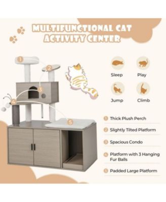 2-in-1 Modern Cat Tower with Litter Box Enclosure, Indoor Cat Furniture with Hidden Washroom & Perch