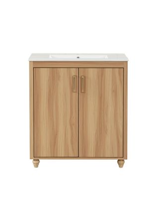 30" Bathroom Vanity with Ceramic Sink, Natural Solid Wood & MDF Cabinet, Adjustable Shelf, Drawer Storage for Modern Bathrooms-Sillysis