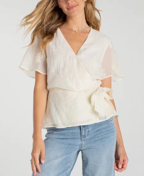 Petite Wrap Front V-Neck Woven Top - Cream
