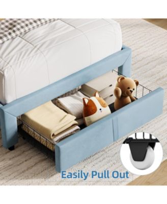 Kids Twin Bed Frame Set — Upholstered Platform Beds with Storage Drawer & Bookcase Headboard (2-Pack)