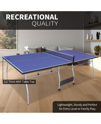 8 Ft Blue Foldable Portable Ping Pong Table Mid-Size Table Tennis Game Set with Net Paddles for Family Game Room