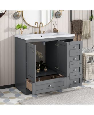 36" Shaker Bathroom Vanity with Resin Sink, 4 Soft Close Drawers & 2 Doors, Ample Storage for Modern Homes