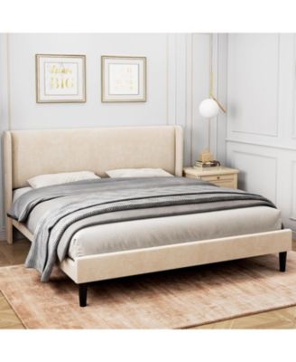 Queen Upholstered Platform Bed Wingback Headboard Velvet 2 Storage Pockets Wooden Slat Support Box Spring Optional