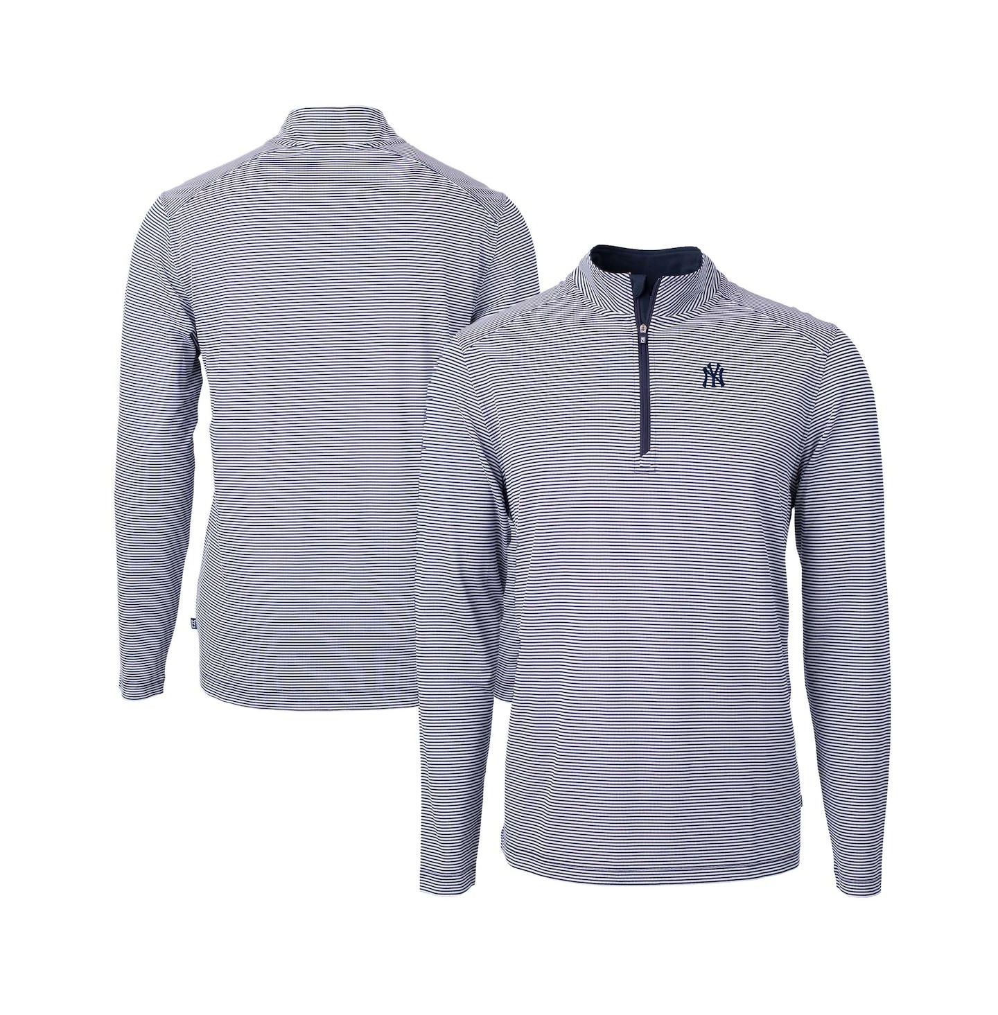 Мужской свитер Cutter & Buck Navy/White New York Yankees Virtue Eco Pique Micro Stripe Quarter-Zip Pullover — фото 1